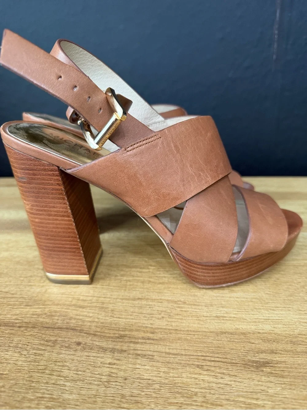 Michael Kors Tan Leather Platform Slingback Heels with Gold Buckle